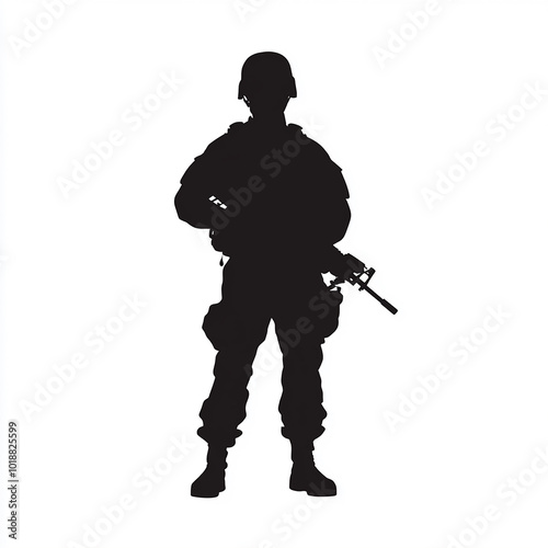 American military standing with gun in hand vector silhouette isolated white background