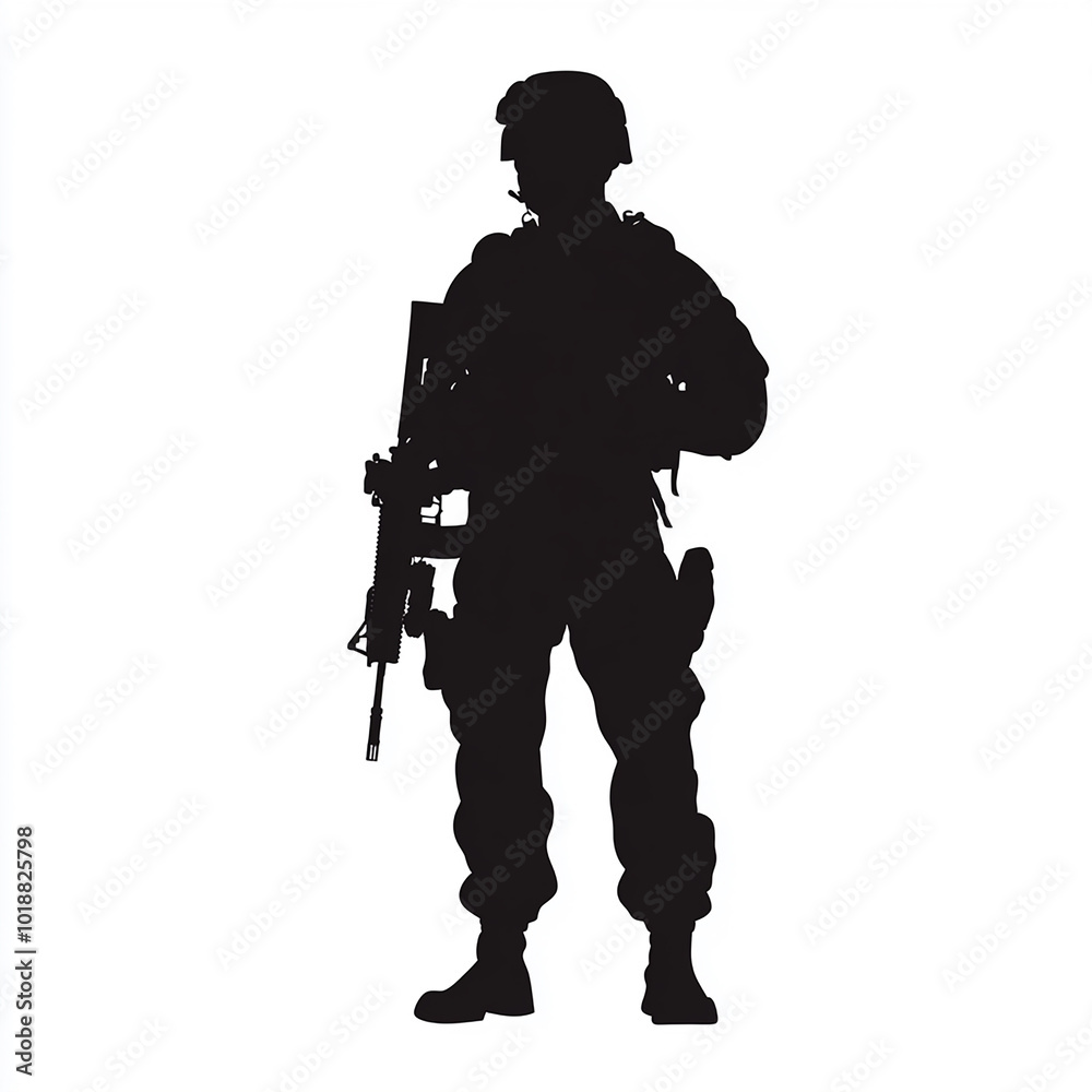 American military standing with gun in hand vector silhouette isolated white background American military standing with gun in hand vector silhouette isolated white background