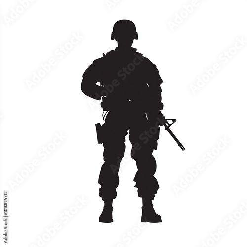 American military standing with gun in hand vector silhouette isolated white background