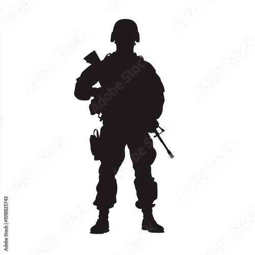 American military standing with gun in hand vector silhouette isolated white background