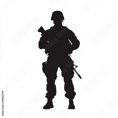 American military standing with gun in hand vector silhouette isolated white background