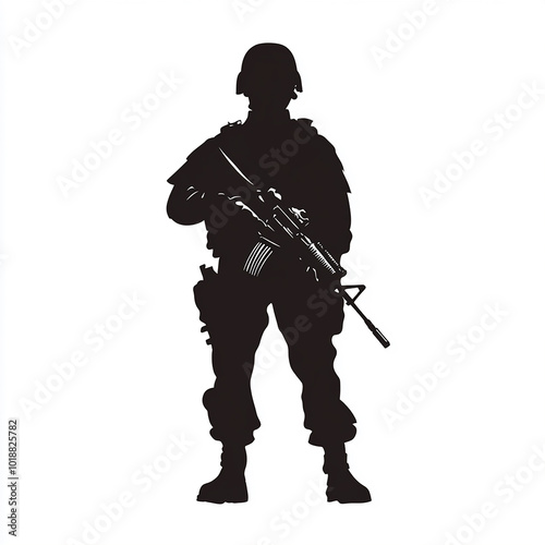 American military standing with gun in hand vector silhouette isolated white background