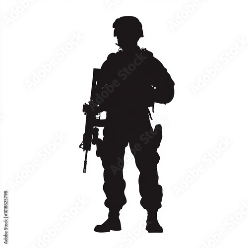 American military standing with gun in hand vector silhouette isolated white background