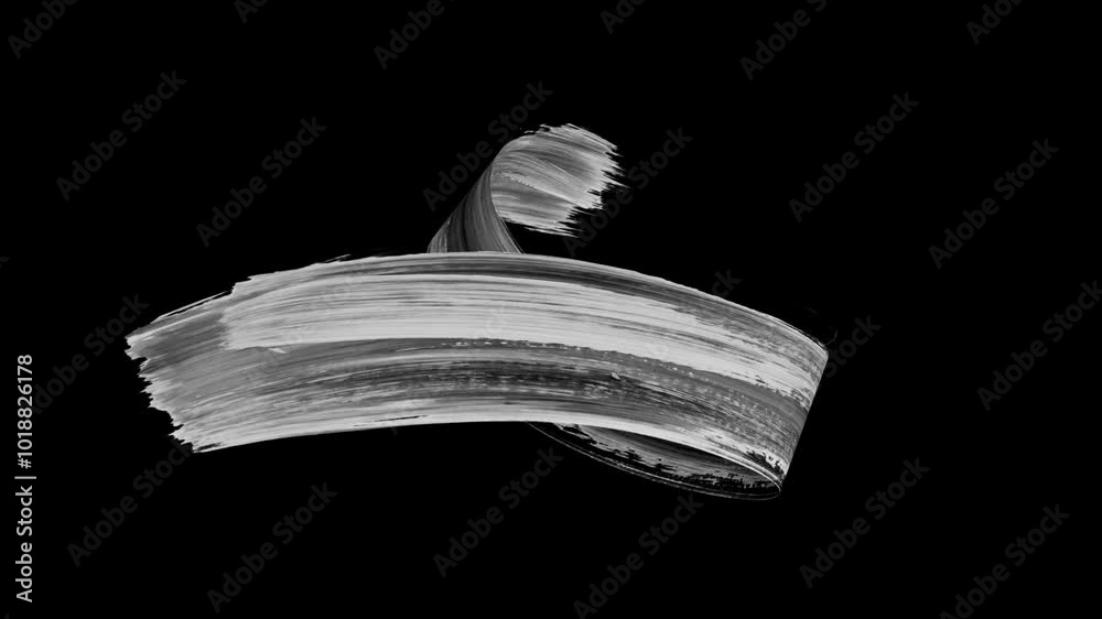 Creative 3D animation. Monochrome brush stroke moves on a spontaneous trajectory, isolated on black background. Abstract shape drawn with paint