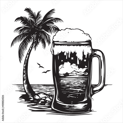 Vector cricut silhouette of a Beer with Beach scene, inside, high resolution shapes, high detail, white background vector.