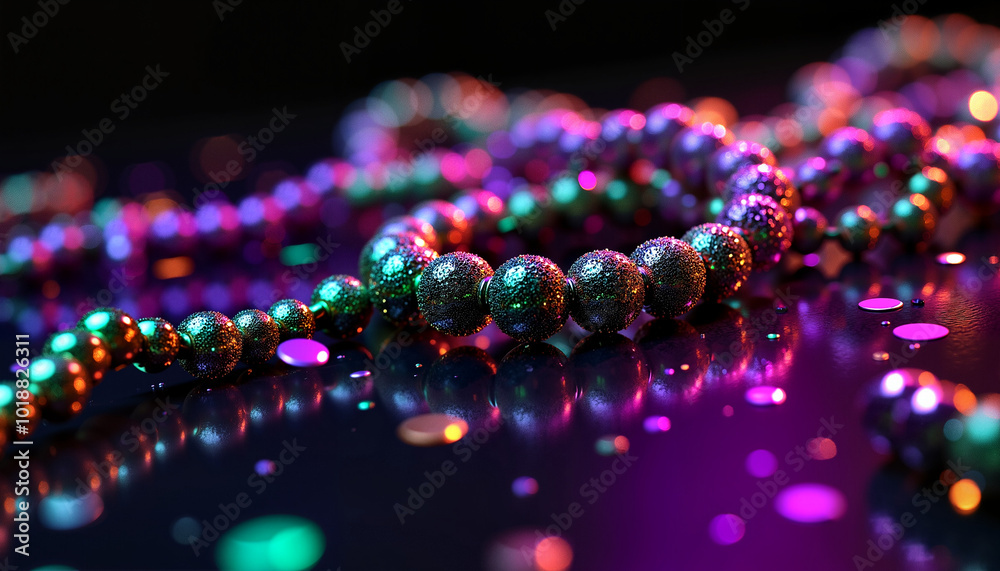 A close-up view of colorful glittering beads and confetti on a reflective surface with vibrant lighting, mardi gras A close-up view of colorful glittering beads and confetti on a reflective surface with vibrant lighting, mardi gras