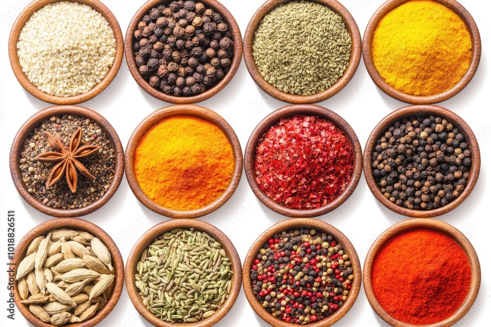 Variety of colorful spices in wooden bowls on white background Variety of colorful spices in wooden bowls on white background