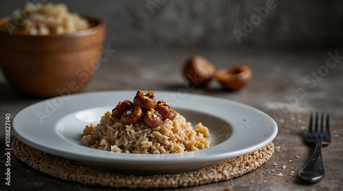 Creamy risotto topped with hazelnuts on a white plate with a rustic background