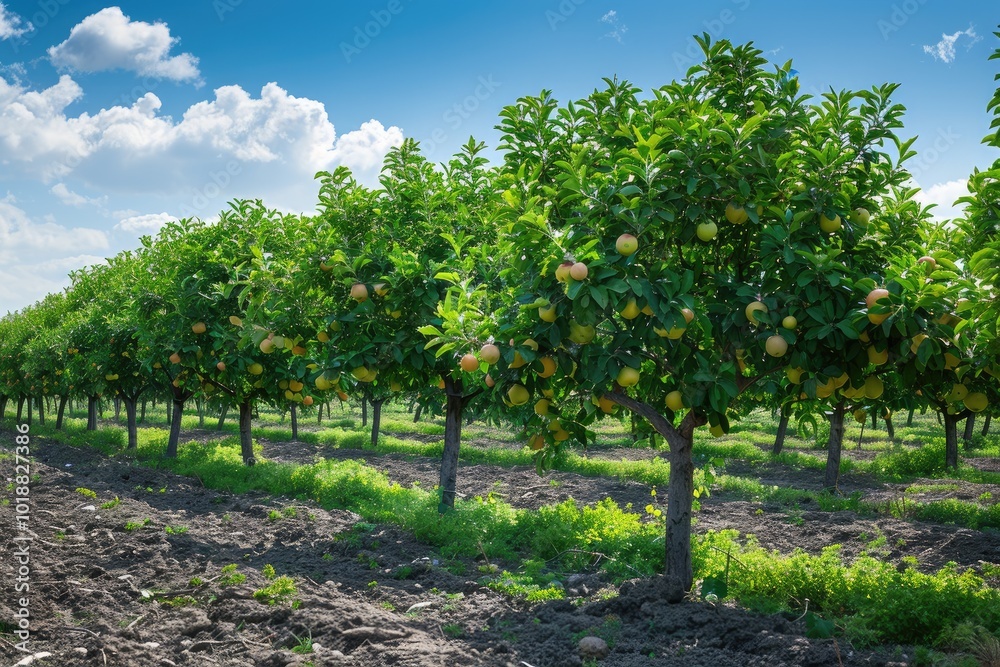 Orchard of apple trees. Trees with green apples planted in row against the background of the sky. Orchard of apple trees. Trees with green apples planted in row against the background of the sky.