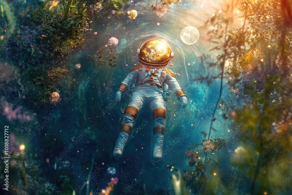 Fototapeta premium Dreamlike astronaut floating through cosmic garden under moonlit sky