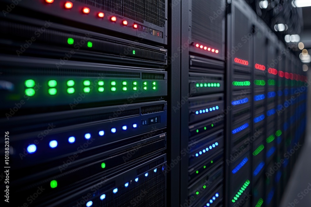Close-up of server racks with glowing lights Close-up of server racks with glowing lights