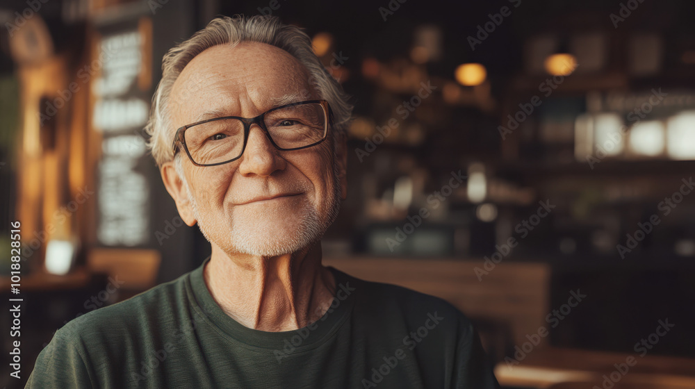 An elderly man in a relaxed pose, smiling gently, wearing glasses and a dark green shirt, surrounded by soft lighting in a minimalist An elderly man in a relaxed pose, smiling gently, wearing glasses and a dark green shirt, surrounded by soft lighting in a minimalist