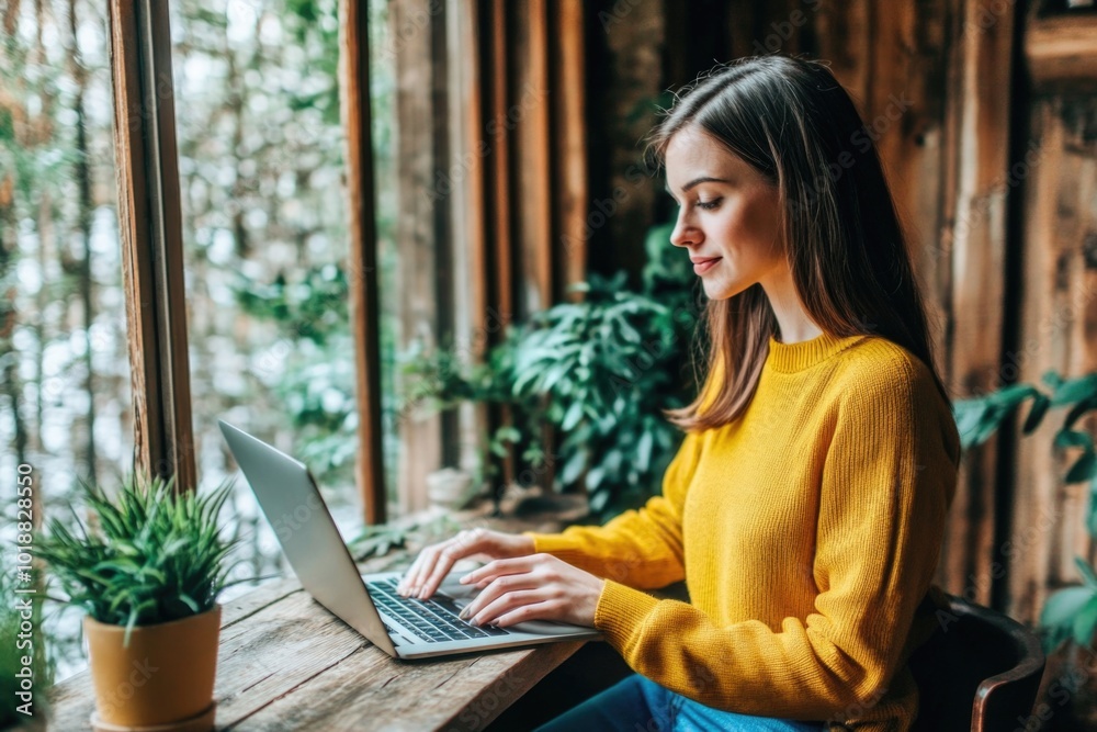 Woman in yellow sweater working on laptop in cozy rustic cabin with indoor plants Woman in yellow sweater working on laptop in cozy rustic cabin with indoor plants