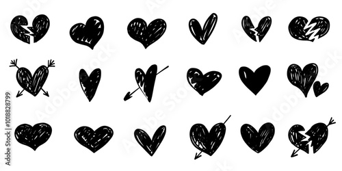 Hand drawn heart, broken hearts brush stroke graffiti style and arrows grunge sketch set collection 