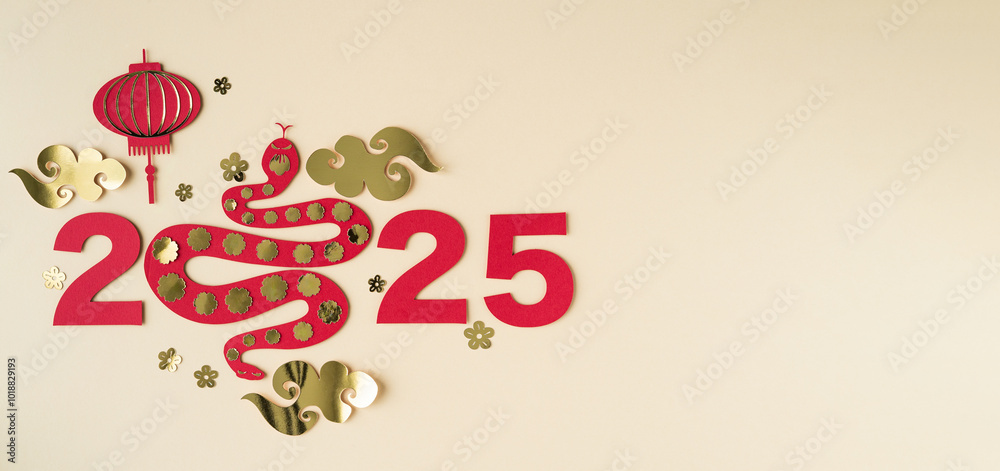 Fototapeta premium Chinese new year, year of the snake, year 2025 with snake in red and gold colors.