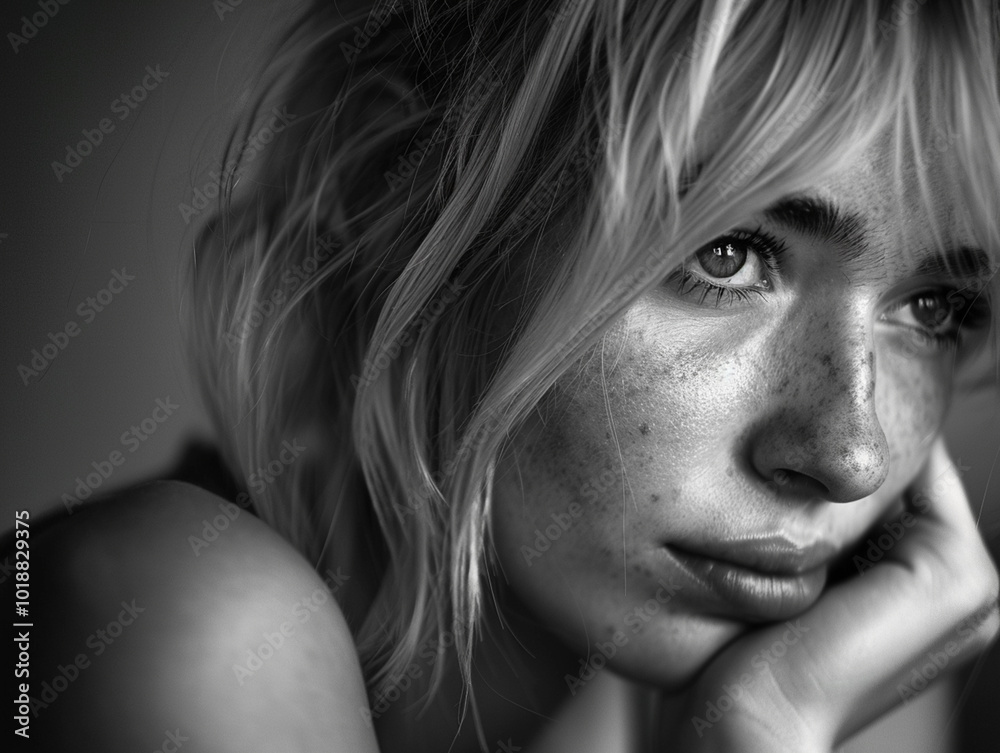 A black and white portrait of a woman with messy hair, resting her chin on her hand, lost in deep thought and contemplation.
A black and white portrait of a woman with messy hair, resting her chin on her hand, lost in deep thought and contemplation.