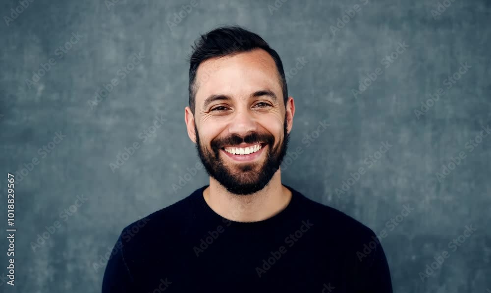Handsome Bearded Man Smiling Against Grey Wall Handsome Bearded Man Smiling Against Grey Wall
