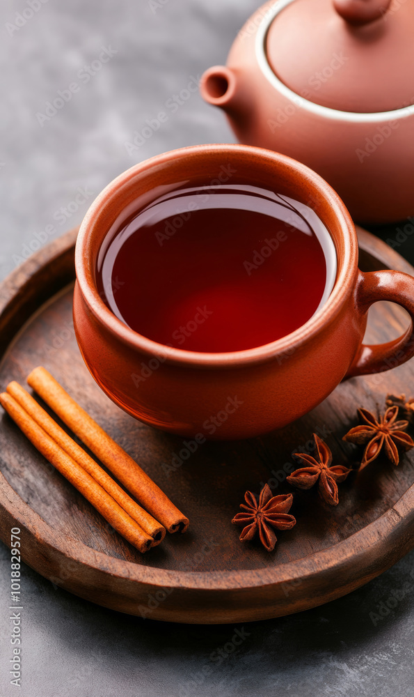A rustic teapot and cup filled with strong black tea on a wooden tray, surrounded by cinnamon sticks and cloves A rustic teapot and cup filled with strong black tea on a wooden tray, surrounded by cinnamon sticks and cloves