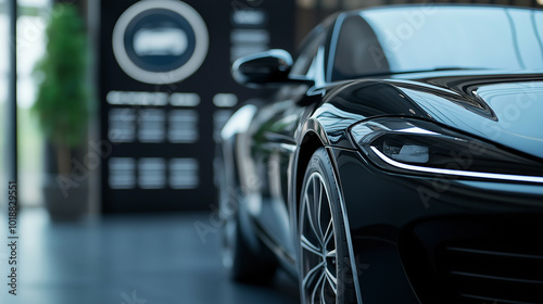 A sleek car being inspected by a dealer, assessing its resale value, with charts and documents in the background 