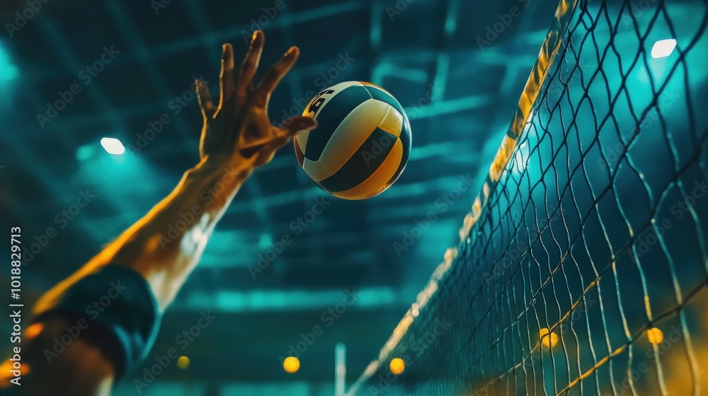 Close-up of a volleyball player's hand reaching for the ball during a game.