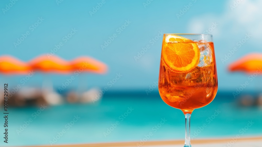 Aperol spritz on a beachside table colorful parasols and turquoise ocean in the background 