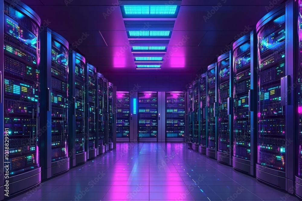A View Down the Aisle of a Modern Server Room with Colorful Lights A View Down the Aisle of a Modern Server Room with Colorful Lights