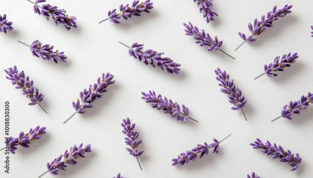 Tiny lavender stems in soft purple, arranged symmetrically across a light grey backdrop for a calming and soothing pattern Tiny lavender stems in soft purple, arranged symmetrically across a light grey backdrop for a calming and soothing pattern