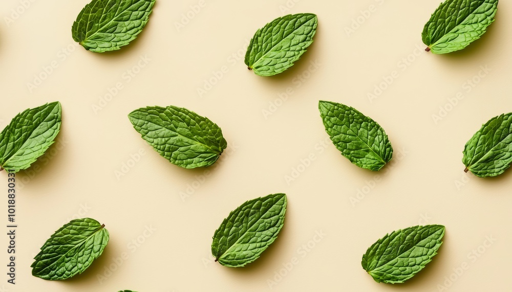 Tiny mint leaves in pastel green, arranged symmetrically on a soft beige background for a refreshing, natural healing pattern Tiny mint leaves in pastel green, arranged symmetrically on a soft beige background for a refreshing, natural healing pattern
