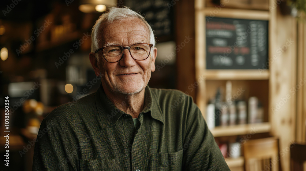An elderly man in a relaxed pose, smiling gently, wearing glasses and a dark green shirt, surrounded by soft lighting in a minimalist An elderly man in a relaxed pose, smiling gently, wearing glasses and a dark green shirt, surrounded by soft lighting in a minimalist