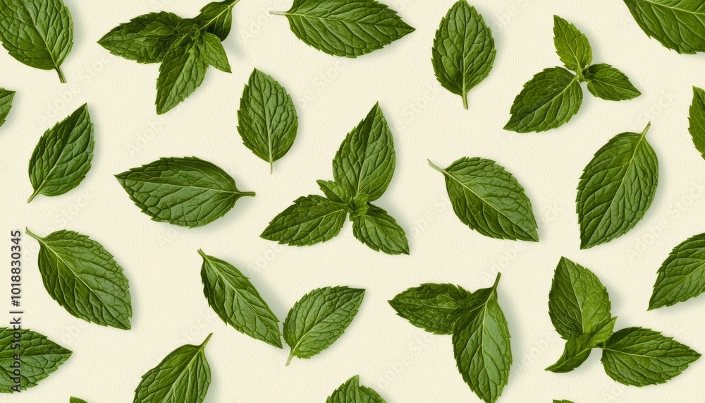 Tiny mint leaves in pastel green, arranged symmetrically on a soft beige background for a refreshing, natural healing pattern