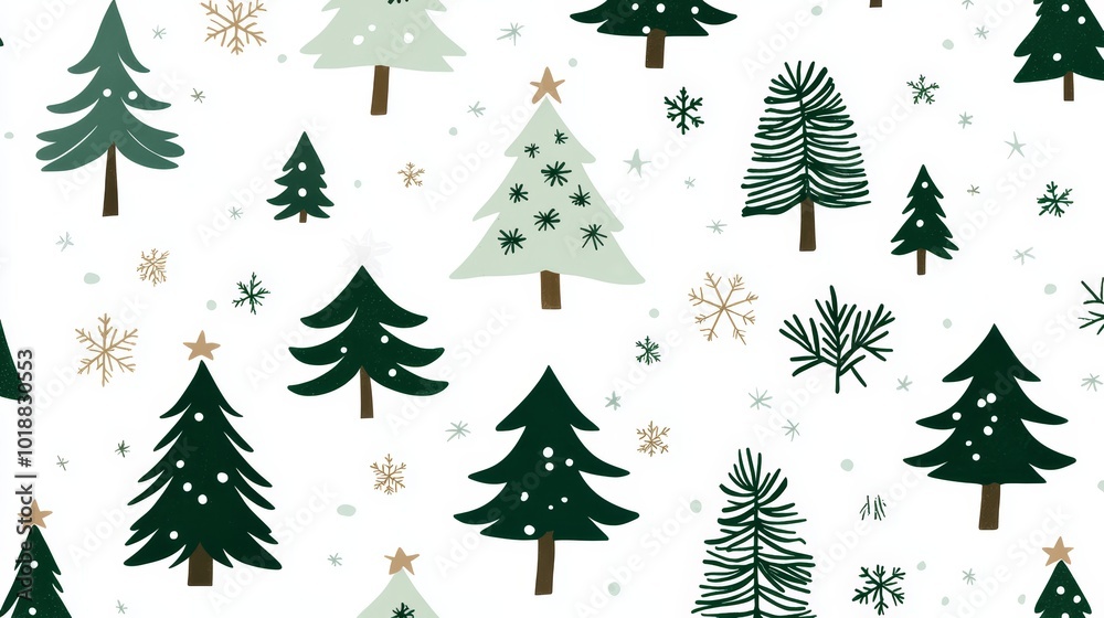Obraz premium Tiny outlined Christmas trees in soft green, scattered evenly on a white backdrop for a clean and festive seamless design