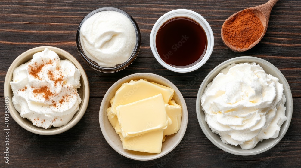 Butterbeer ingredients flat lay butter, cream soda, vanilla extract, cinnamon, and whipped cream on dark wood background Butterbeer ingredients flat lay butter, cream soda, vanilla extract, cinnamon, and whipped cream on dark wood background
