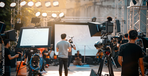 A bustling outdoor film set with crew members preparing cameras, lighting, and other equipment in a sunlit, urban environment.

