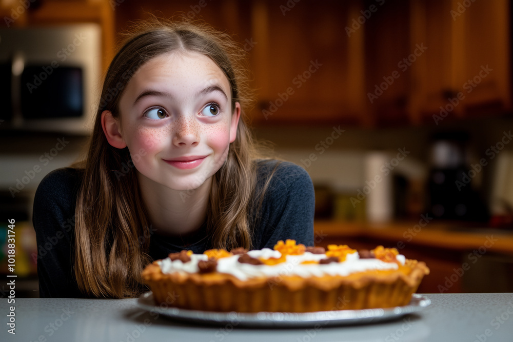 A young girl with a look of excitement and wonder smiles as she sits in front of a beautifully decorated pie, ready to dig in. The warm kitchen backdrop enhances the cozy, holiday spirit of the image. A young girl with a look of excitement and wonder smiles as she sits in front of a beautifully decorated pie, ready to dig in. The warm kitchen backdrop enhances the cozy, holiday spirit of the image.