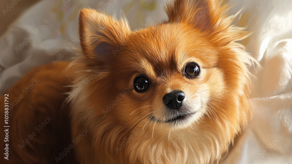 A small, fluffy, red dog with big, brown eyes stares directly at the camera. A small, fluffy, red dog with big, brown eyes stares directly at the camera.