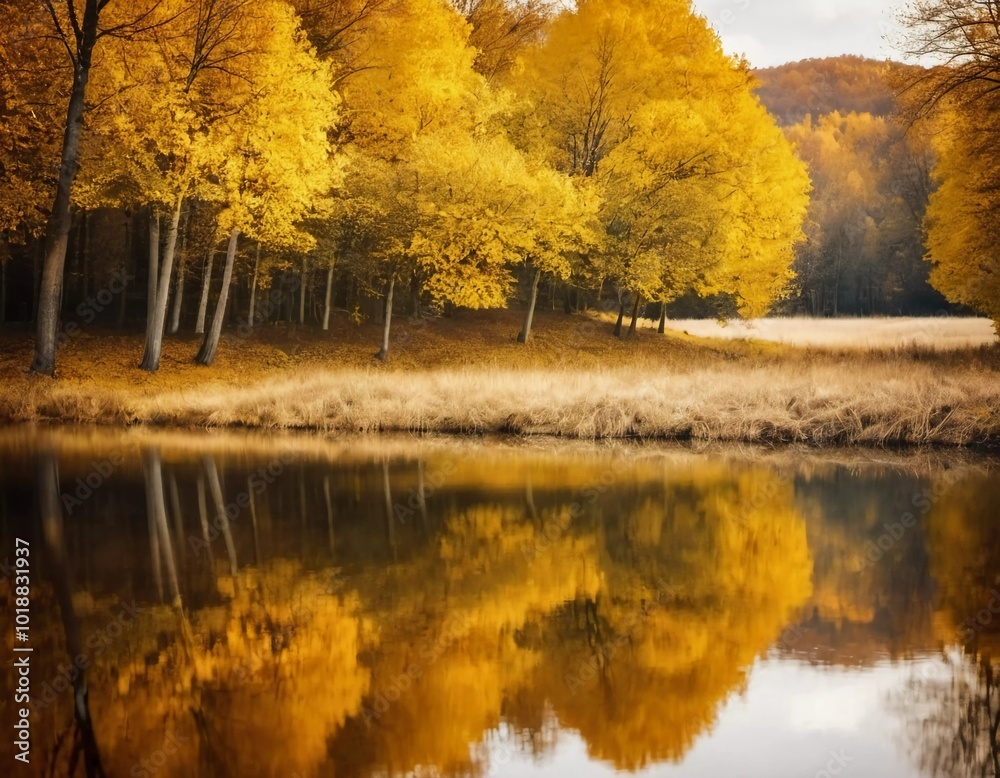 Obraz premium Vibrant yellow leaves create a stunning autumn display around a calm lake, with reflections mirroring the foliage on the water's surface as the day comes to a close. Generative AI