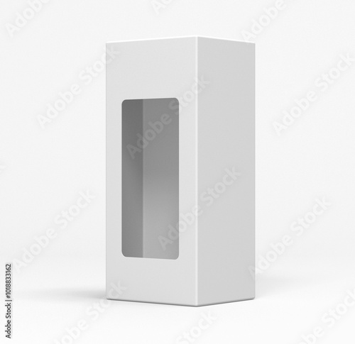 Blank white box with window cover mockup on white background. 3D illustration 3D rendering