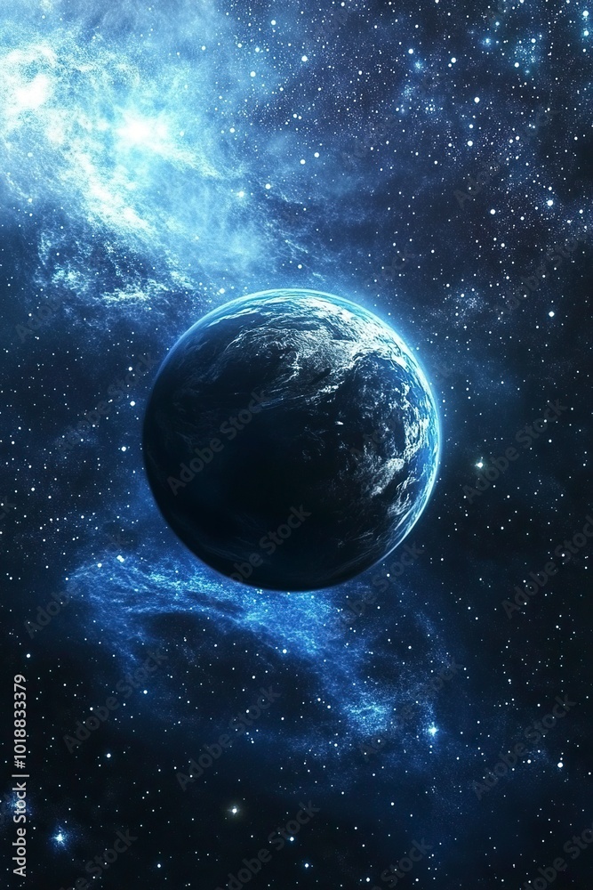 Fototapeta premium beautiful planet in space with abstract lines, science fiction, space flight, starry sky and nebula on a blue background, abstract space 3d illustration, background, generative ai