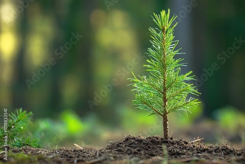Young pine tree sapling planted in forest soil
