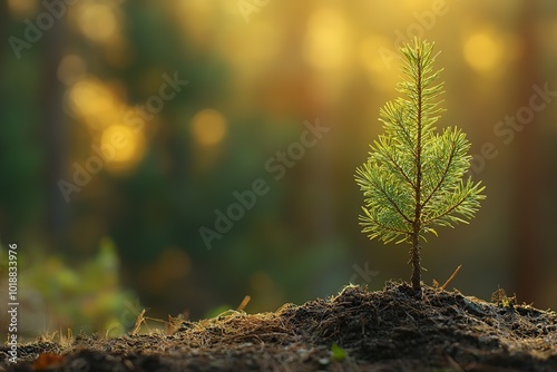 Young pine tree sapling planted in forest soil on sunset background photo