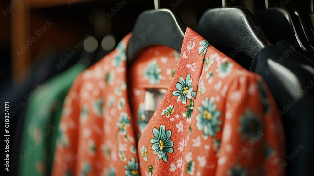 Fototapeta premium Close-up of a 1960s mod dress on a thrift store rack, a hidden gem waiting to be found in a vintage thrifting adventure