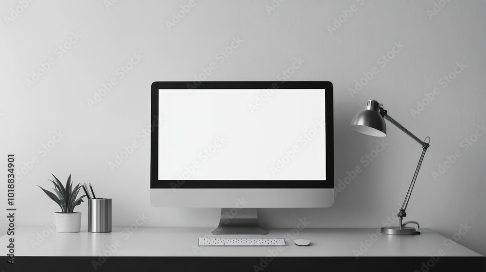 Fototapeta premium Minimalist white desk with computer, lamp, and plant.