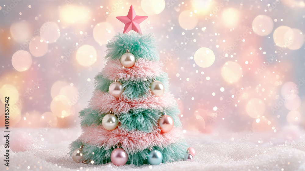 Pastel pink and green christmas tree with shimmering ornaments amid bokeh lights Pastel pink and green christmas tree with shimmering ornaments amid bokeh lights