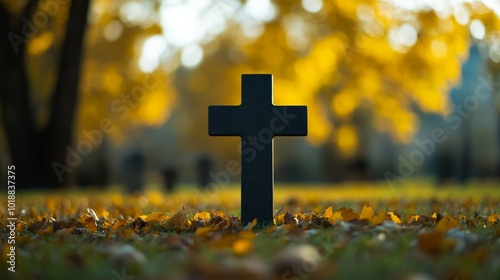Cross-shaped gravestone under a tree shedding autumn leaves, representing peace and reflection, funeral theme 