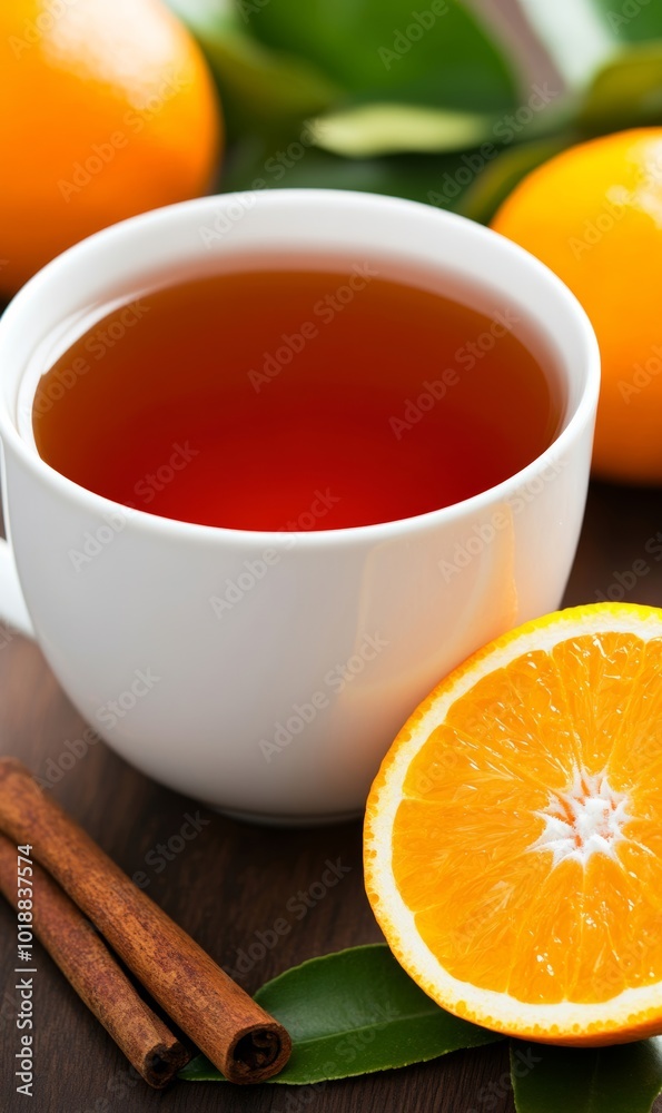 Cup of black tea placed next to fresh oranges and a cinnamon stick, highlighting the flavors of the rich tea 