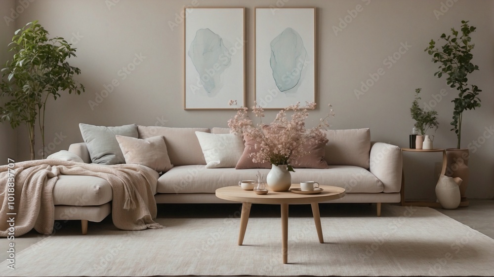 Fototapeta premium Cozy Living Room Design Featuring Gentle Pastel Colors and an Elegant Empty Canvas Wall Art