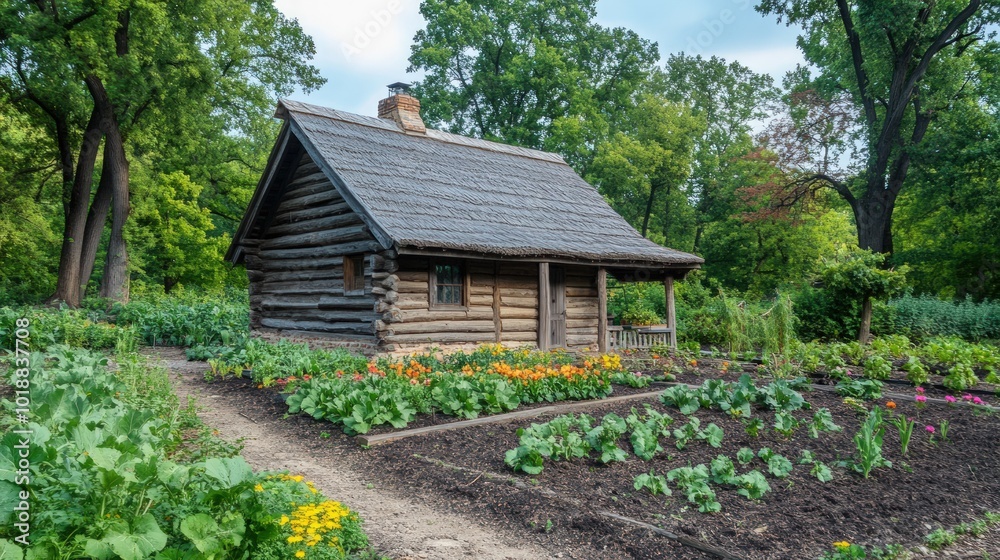 A rustic log cabin with a thatched roof sits amidst a lush garden.