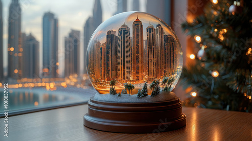 summer sunset dubai beach skyscrapers and palm trees in snow globe on wooden table near christmas tree