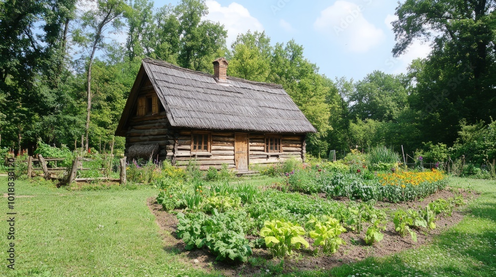 A charming log cabin with a thatched roof sits nestled in a lush green garden with a vegetable patch and flowers. A charming log cabin with a thatched roof sits nestled in a lush green garden with a vegetable patch and flowers.