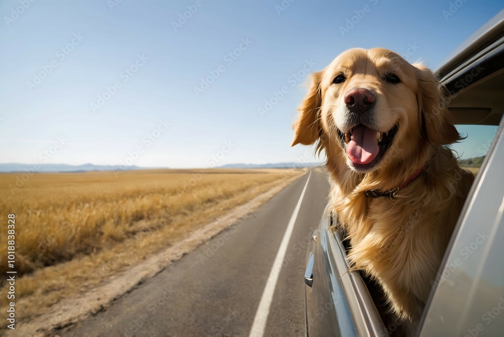 Golden retriever peeks out of a car window, enjoying the fresh air on an exciting road trip journey. Golden retriever peeks out of a car window, enjoying the fresh air on an exciting road trip journey.